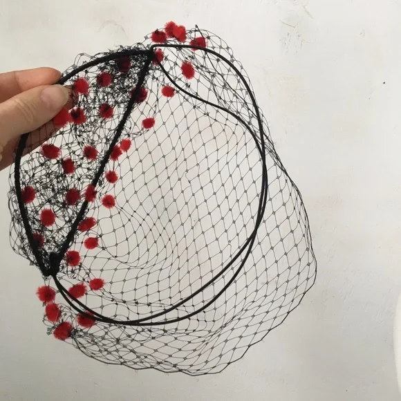 Red Polka Dot and Black Netting Fascinator - Picture 4 of 4